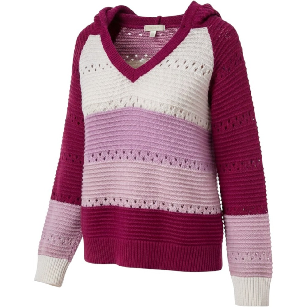 SHEIN Curve Hooded Colorblock Pointelle Knit Sweater Pink Burgundy Cream